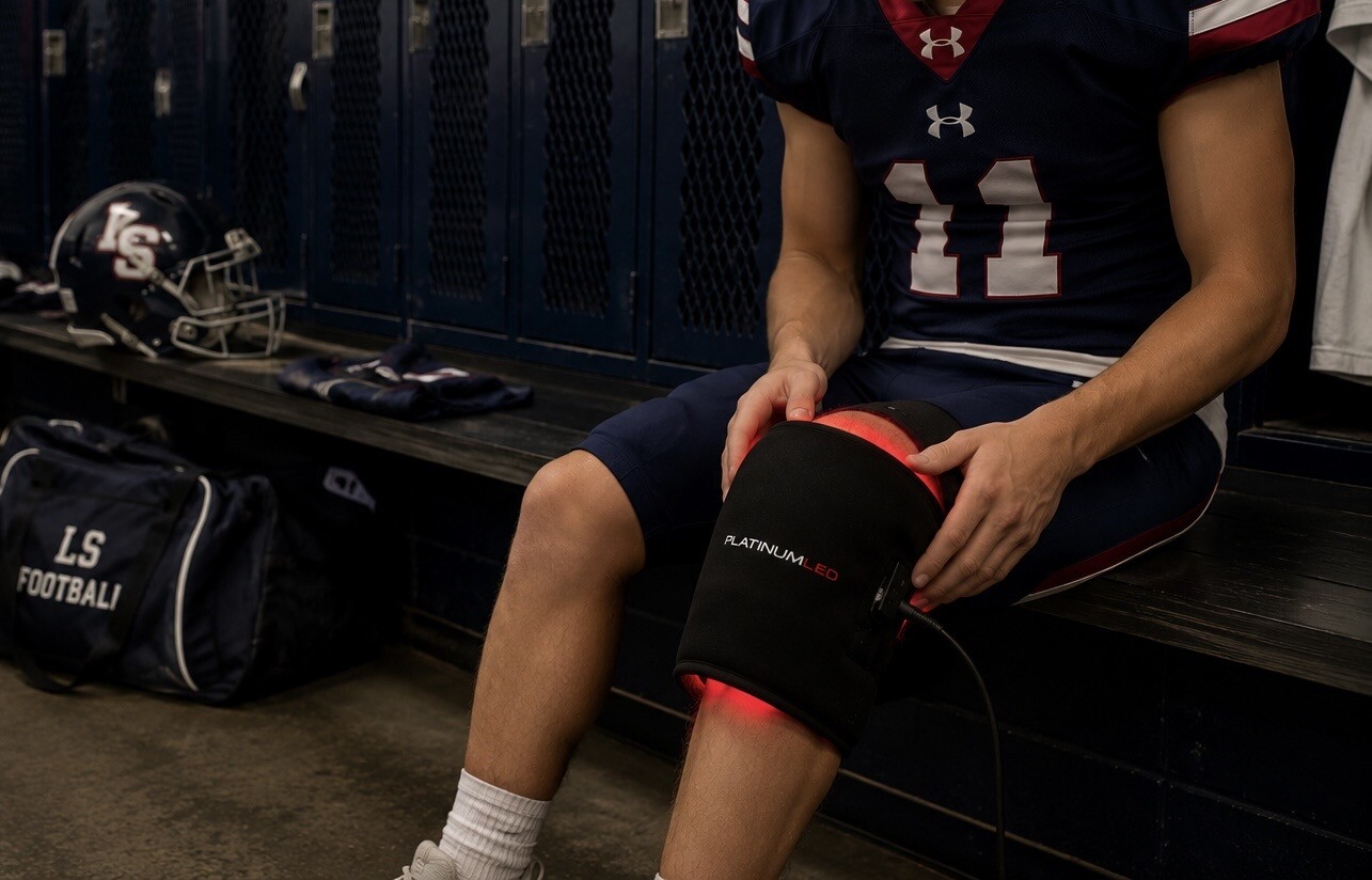 Athlete recovering with red light therapy in the locker room