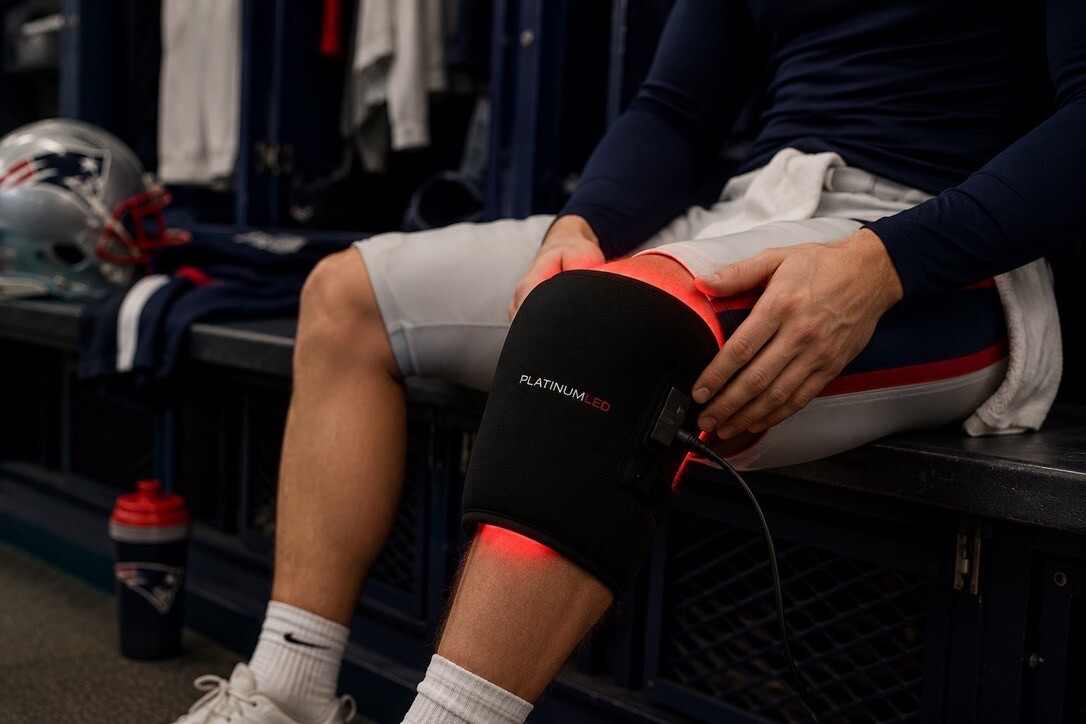 Red light therapy recovery wrap on the knee